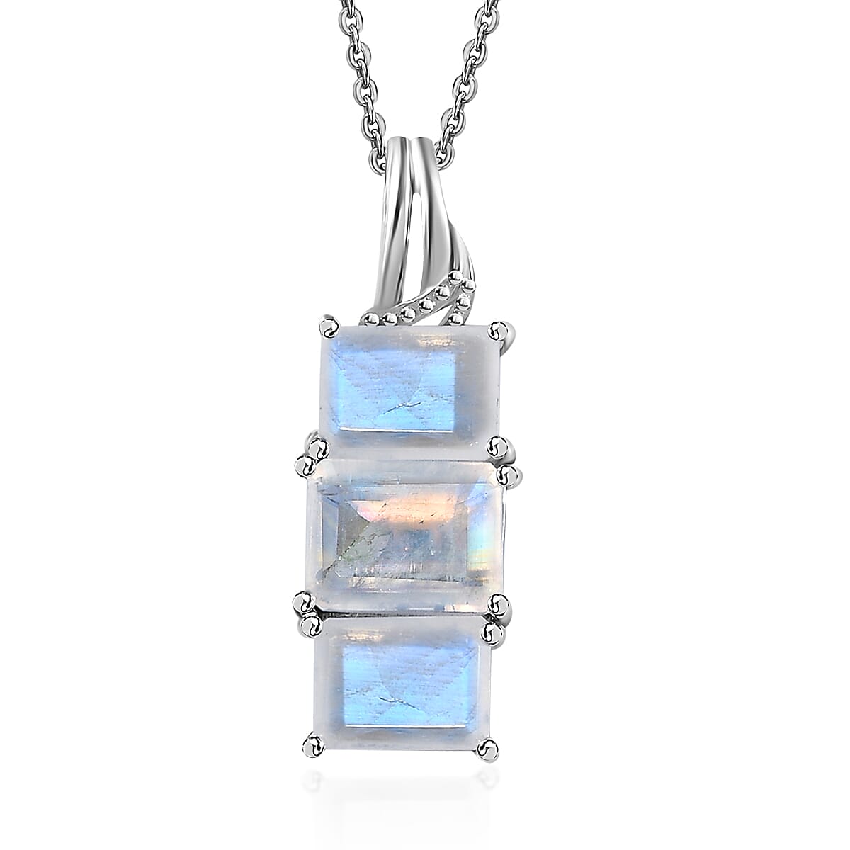 Premium Rainbow Moonstone 3 Stone Ring (Size 10.0) and Pendant Necklace 20 Inches in Platinum Over Sterling Silver 10.85 ctw