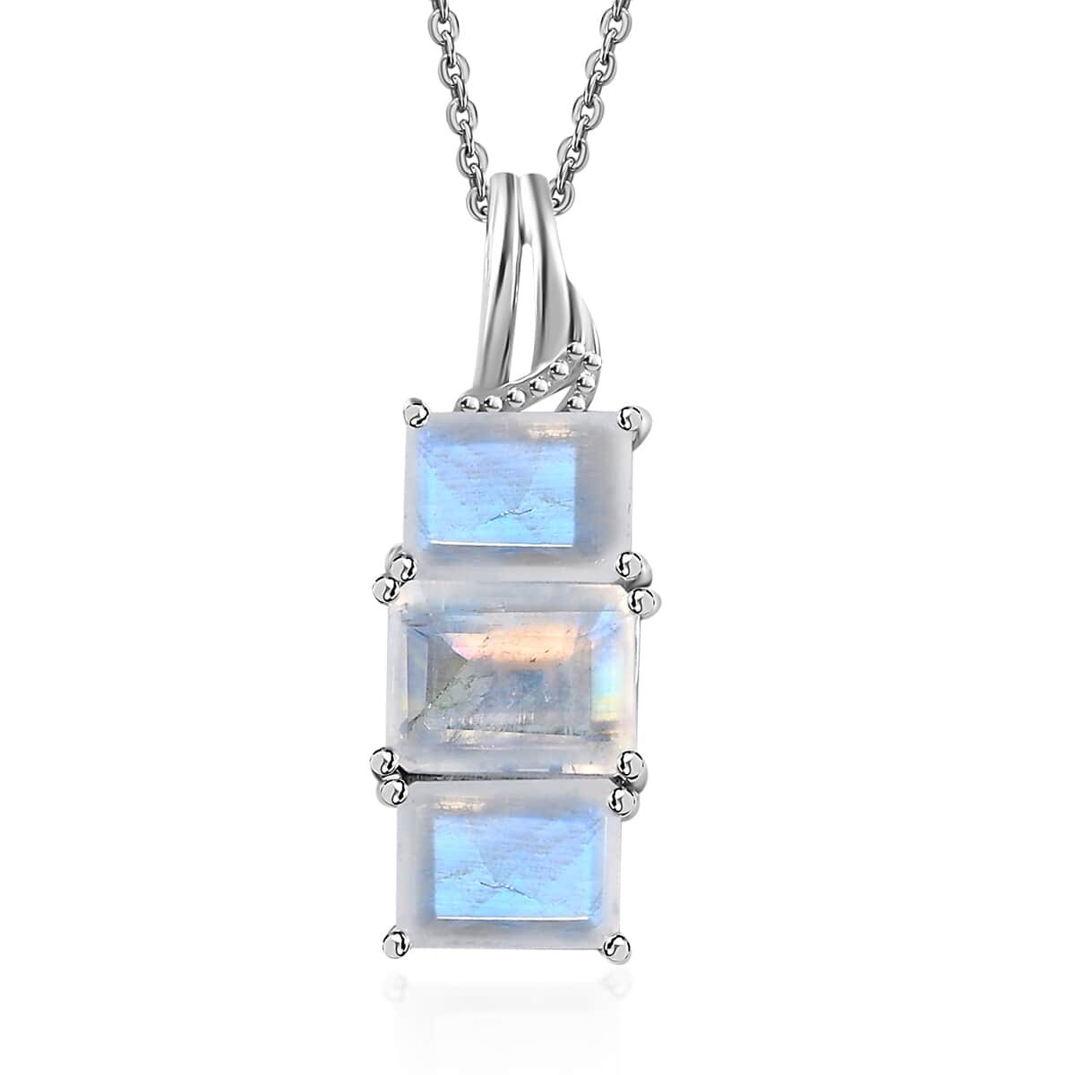 Premium Rainbow Moonstone 3 Stone Ring (Size 10.0) and Pendant Necklace 20 Inches in Platinum Over Sterling Silver 10.85 ctw image number 7