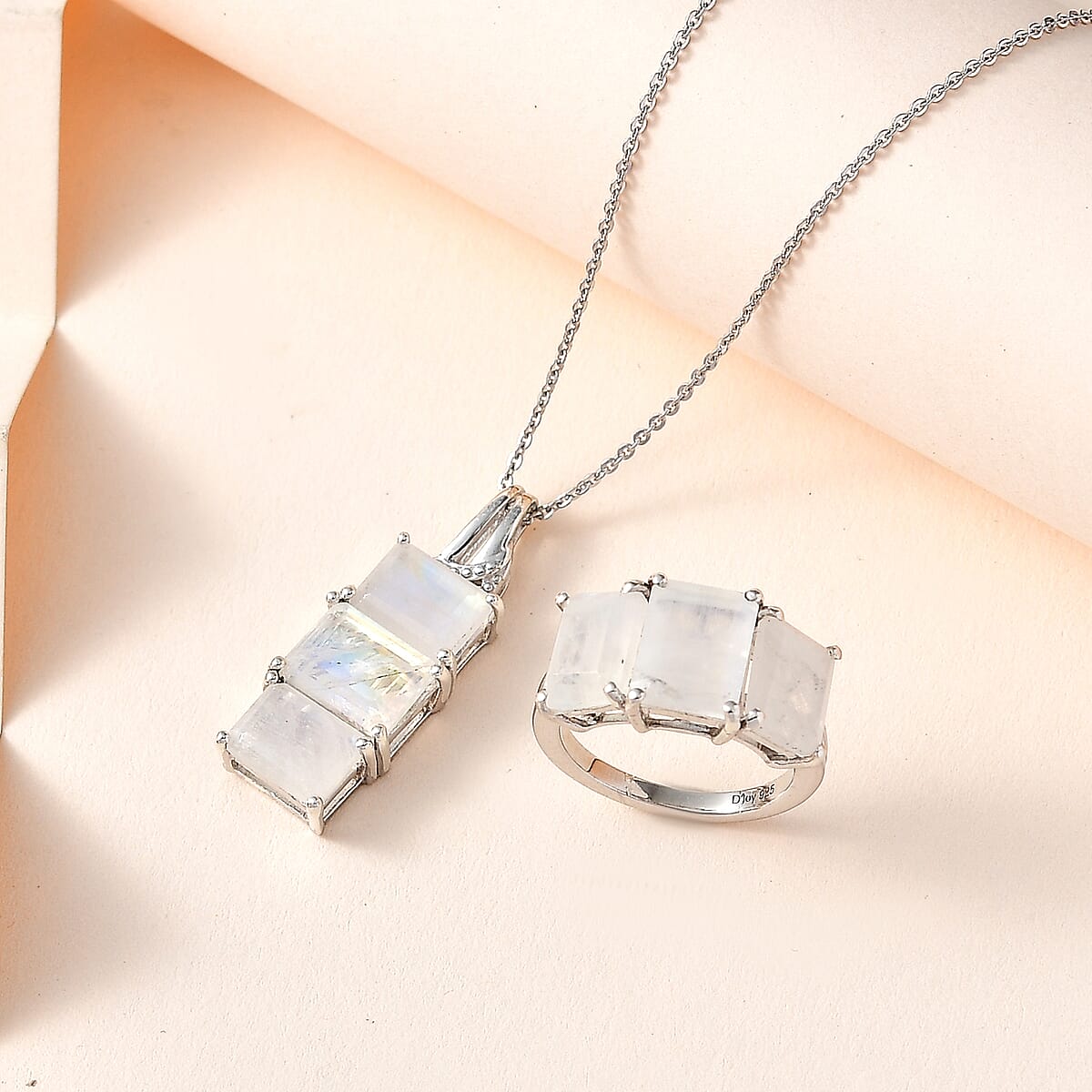 Premium Rainbow Moonstone 3 Stone Ring (Size 9.0) and Pendant Necklace 20 Inches in Platinum Over Sterling Silver 10.85 ctw image number 1