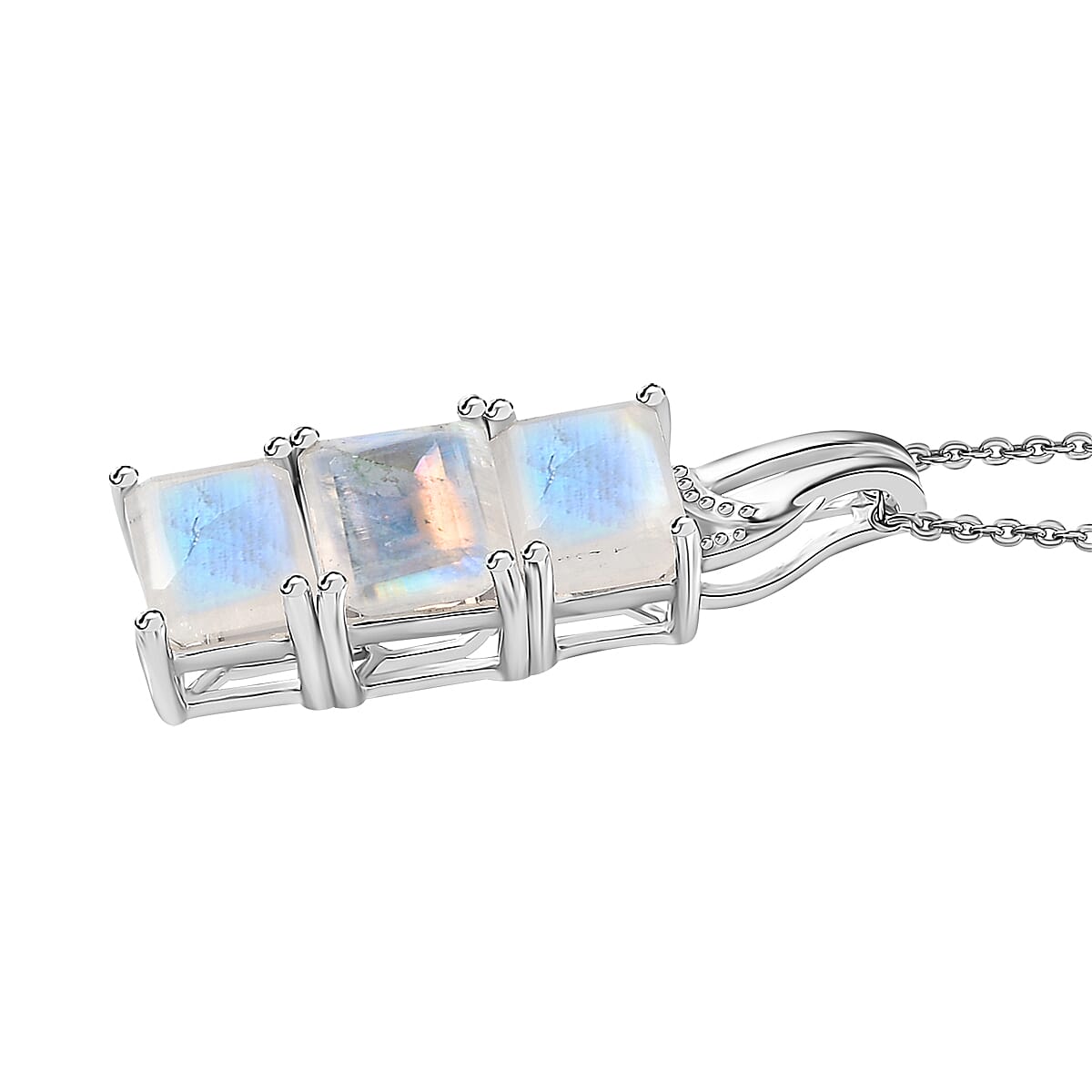 Premium Rainbow Moonstone 3 Stone Ring (Size 9.0) and Pendant Necklace 20 Inches in Platinum Over Sterling Silver 10.85 ctw image number 8