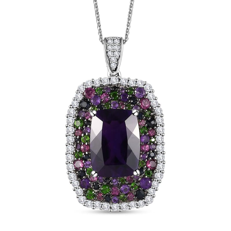 African Amethyst and Multi Gemstone 14.90 ctw Pendant Necklace in Platinum Over Sterling Silver 20 Inches
