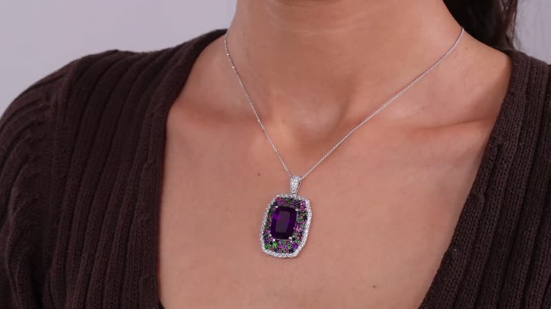 African Amethyst and Multi Gemstone 14.90 ctw Pendant Necklace in Platinum Over Sterling Silver 20 Inches