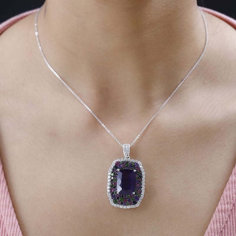 African Amethyst and Multi Gemstone 14.90 ctw Pendant Necklace in Platinum Over Sterling Silver 20 Inches