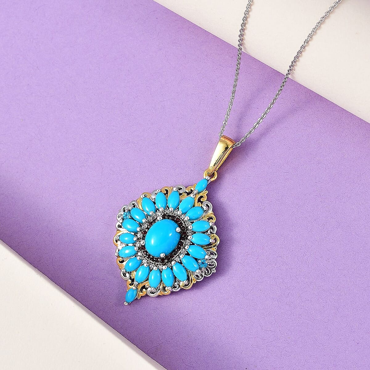 Premium Sleeping Beauty Turquoise and Multi Gemstone Cocktail Pendant Necklace 20 Inches in Vermeil YG and Platinum Over Sterling Silver 4.50 ctw image number 1