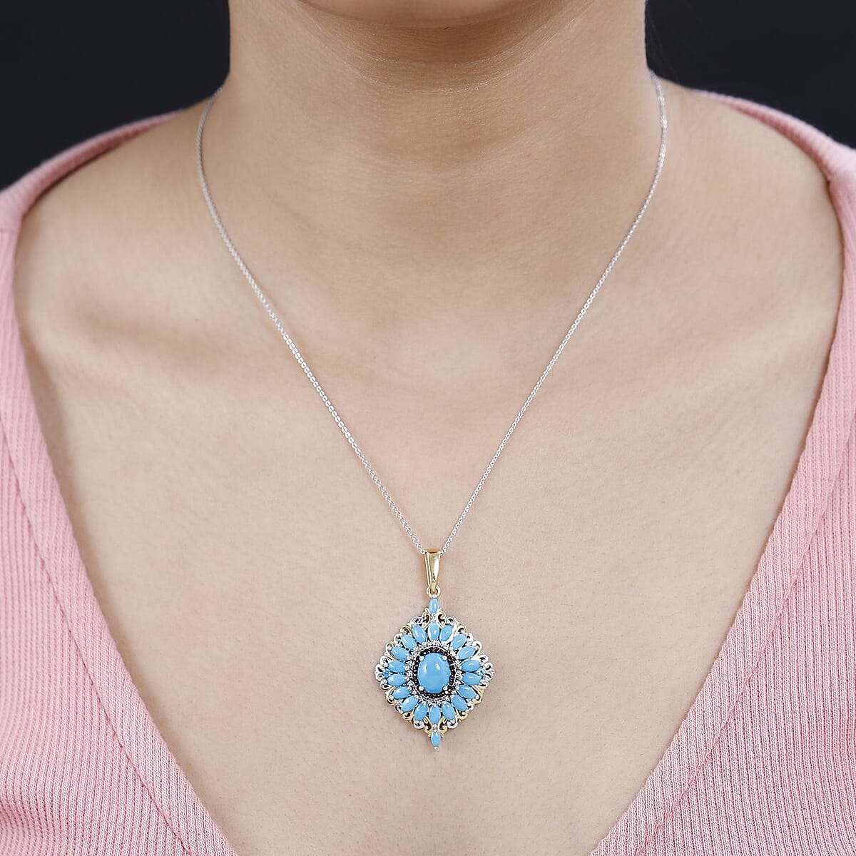 Premium Sleeping Beauty Turquoise and Multi Gemstone Cocktail Pendant Necklace 20 Inches in Vermeil YG and Platinum Over Sterling Silver 4.50 ctw image number 2