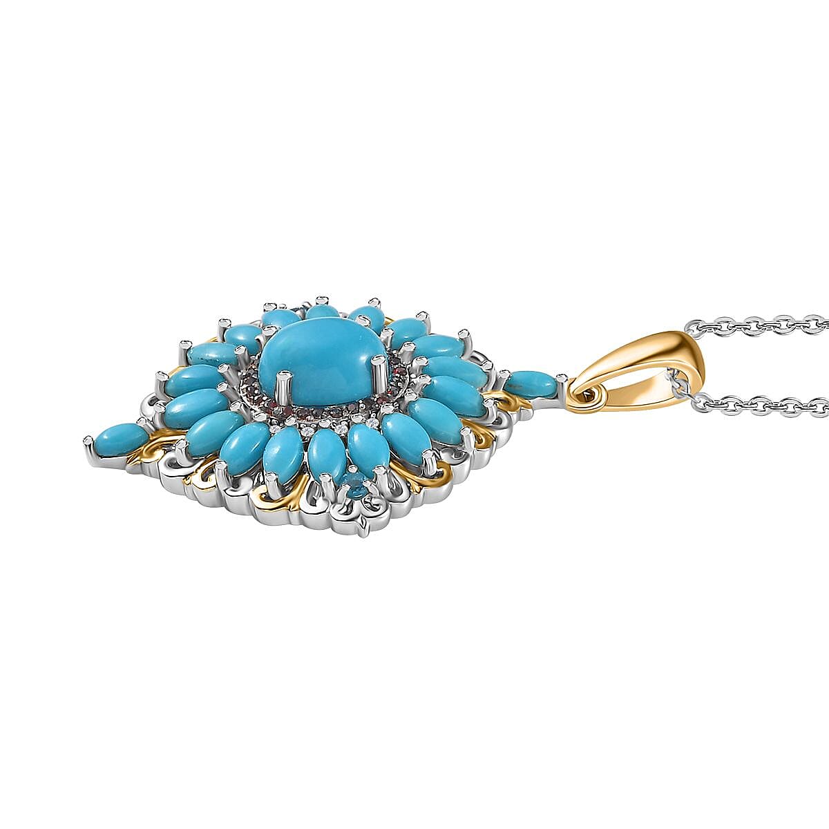 Premium Sleeping Beauty Turquoise and Multi Gemstone Cocktail Pendant Necklace 20 Inches in Vermeil YG and Platinum Over Sterling Silver 4.50 ctw image number 3
