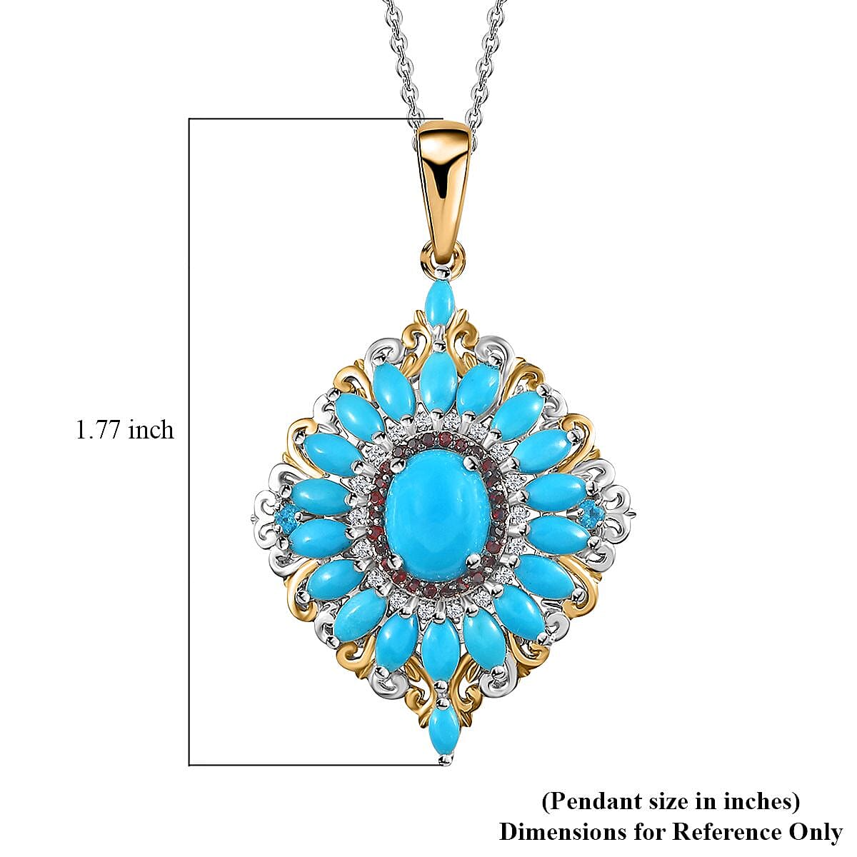 Premium Sleeping Beauty Turquoise and Multi Gemstone Cocktail Pendant Necklace 20 Inches in Vermeil YG and Platinum Over Sterling Silver 4.50 ctw image number 6