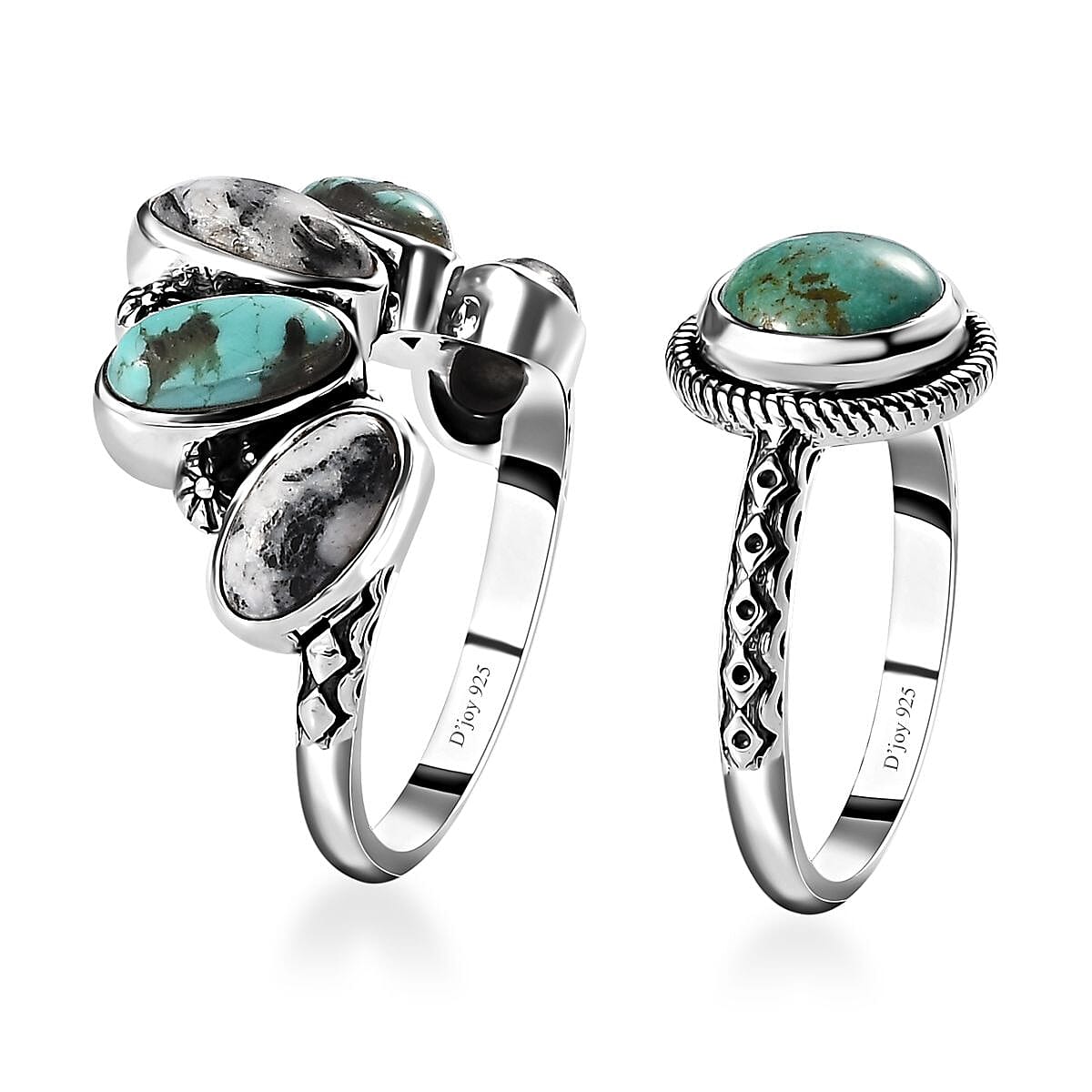 Artisan Crafted Sierra Nevada Turquoise and White Buffalo 5.35 ctw Set of 2 Ring in Sterling Silver (Size 6)