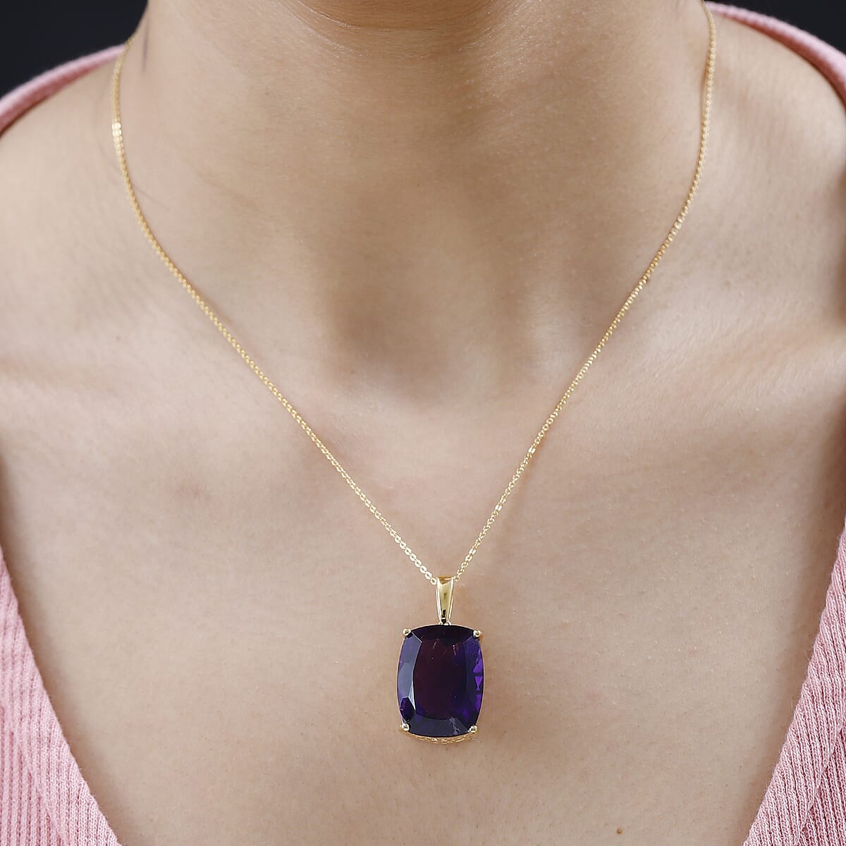 African Amethyst Solitaire Pendant Necklace 20 Inches in Vermeil Yellow Gold Over Sterling Silver 18.15 ctw image number 2