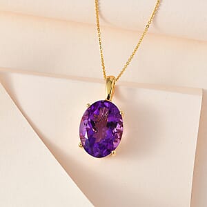African Amethyst Solitaire Pendant Necklace 20 Inches in Vermeil Yellow Gold Over Sterling Silver 15.40 ctw