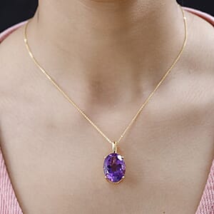 African Amethyst Solitaire Pendant Necklace 20 Inches in Vermeil Yellow Gold Over Sterling Silver 15.40 ctw