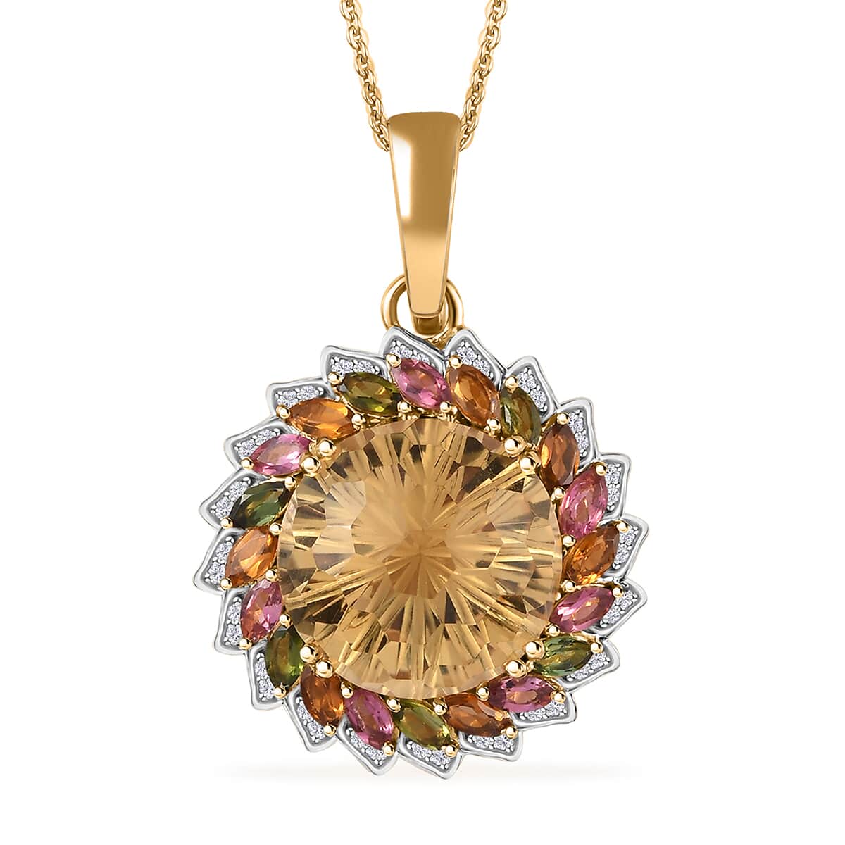 Starburst Cut Brazilian Citrine, Multi-Tourmaline and White Zircon 14.40 ctw Floral Pendant Necklace 18 Inches in Vermeil Yellow Gold Over Sterling Silver image number 0