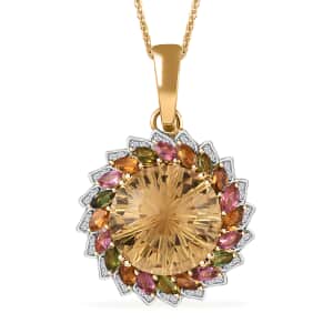 Starburst Cut Brazilian Citrine, Multi-Tourmaline and White Zircon 14.40 ctw Floral Pendant Necklace 18 Inches in Vermeil Yellow Gold Over Sterling Silver