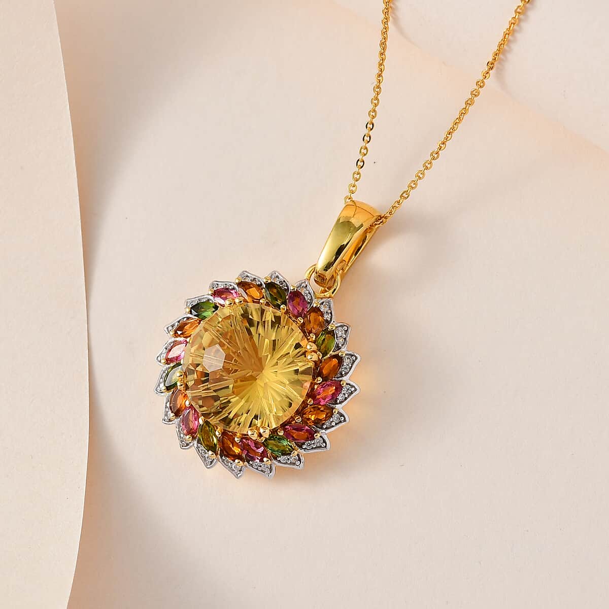 Starburst Cut Brazilian Citrine, Multi-Tourmaline and White Zircon 14.40 ctw Floral Pendant Necklace 18 Inches in Vermeil Yellow Gold Over Sterling Silver image number 1