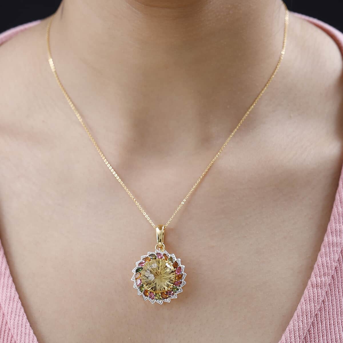 Starburst Cut Brazilian Citrine, Multi-Tourmaline and White Zircon 14.40 ctw Floral Pendant Necklace 18 Inches in Vermeil Yellow Gold Over Sterling Silver image number 2