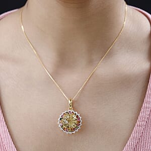 Starburst Cut Brazilian Citrine, Multi-Tourmaline and White Zircon 14.40 ctw Floral Pendant Necklace 18 Inches in Vermeil Yellow Gold Over Sterling Silver