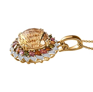 Starburst Cut Brazilian Citrine, Multi-Tourmaline and White Zircon 14.40 ctw Floral Pendant Necklace 18 Inches in Vermeil Yellow Gold Over Sterling Silver
