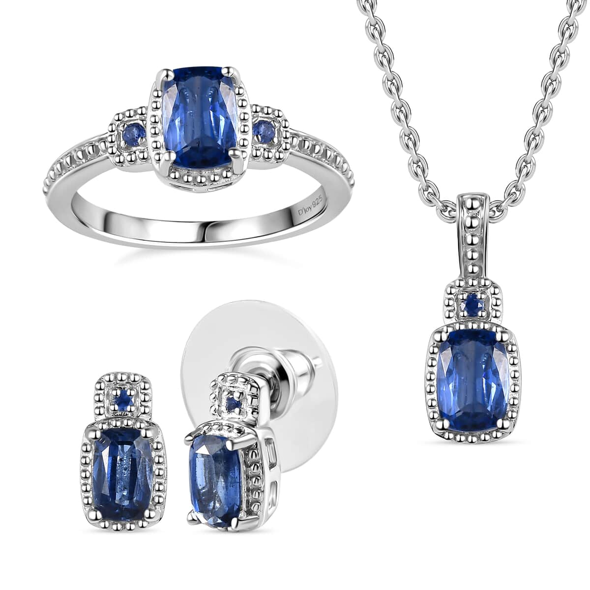 Himalayan Kyanite, Blue Sapphire Stud Earrings, Ring (Size 6.0) and Pendant in Platinum Over Sterling Silver with Stainless Steel Necklace 20 Inches 3.70 ctw image number 0