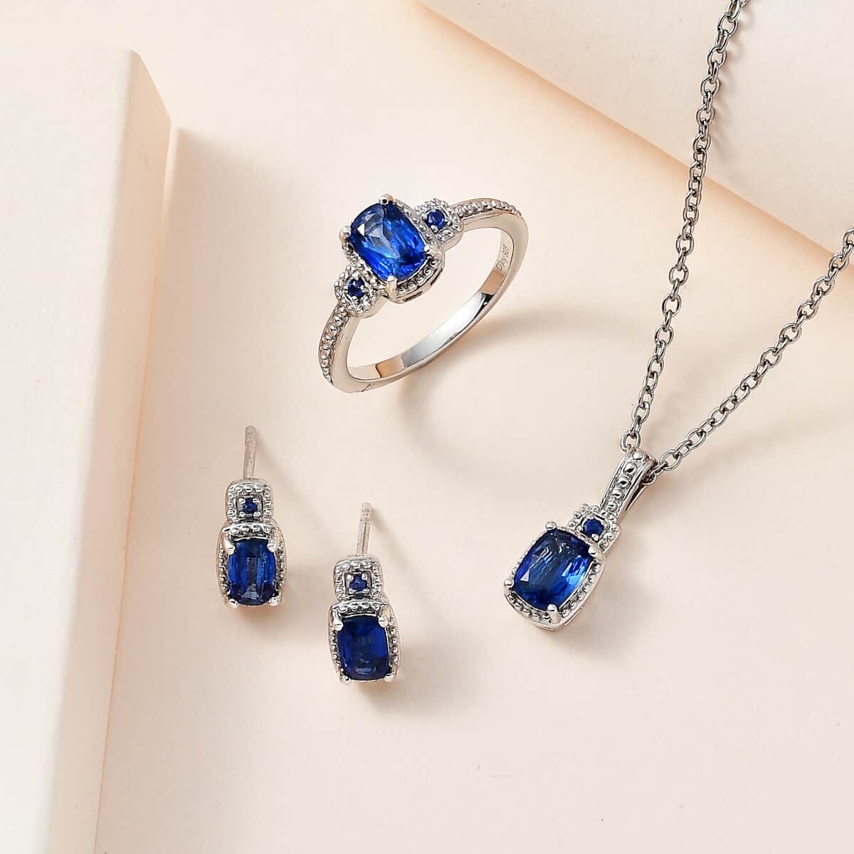 Himalayan Kyanite, Blue Sapphire Stud Earrings, Ring (Size 6.0) and Pendant in Platinum Over Sterling Silver with Stainless Steel Necklace 20 Inches 3.70 ctw image number 1