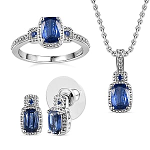 Himalayan Kyanite and Blue Sapphire 3.70 ctw Stud Earrings, Ring (Size 8.0) and Pendant in Platinum Over Sterling Silver with Stainless Steel Necklace 20 Inches