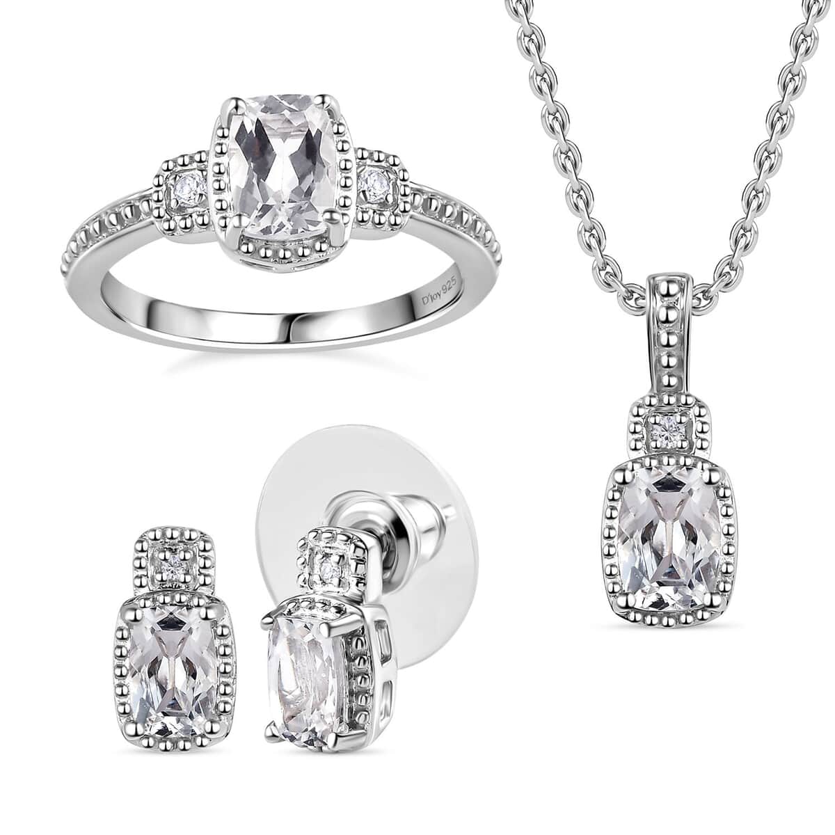 White Topaz and White Sapphire Earrings, Ring (Size 8.0) and Pendant in Platinum Over Sterling Silver with Stainless Steel Necklace 20 Inches 3.75 ctw image number 0