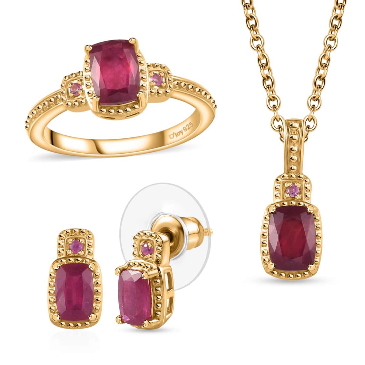 Niassa Ruby (FF) and Pink Sapphire Stud Earrings, Ring (Size 8.0), Pendant in Vermeil Yellow Gold Over Sterling Silver with ION Plated YG Stainless Steel Necklace 20 Inches 4.30 ctw image number 0