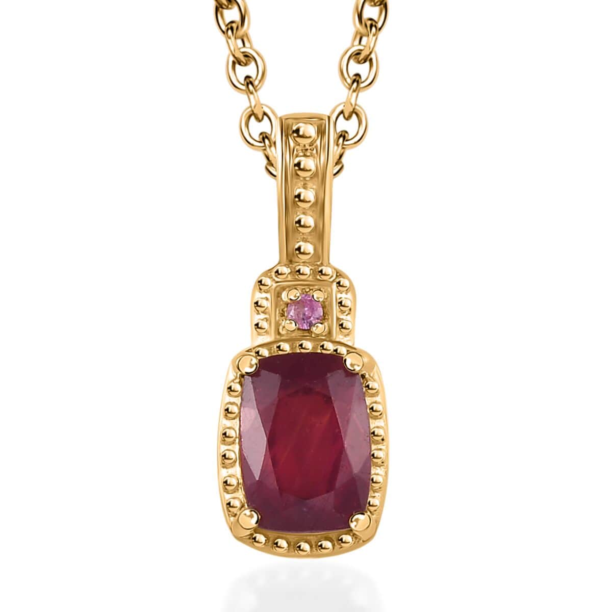 Niassa Ruby (FF) and Pink Sapphire Stud Earrings, Ring (Size 8.0), Pendant in Vermeil Yellow Gold Over Sterling Silver with ION Plated YG Stainless Steel Necklace 20 Inches 4.30 ctw image number 5