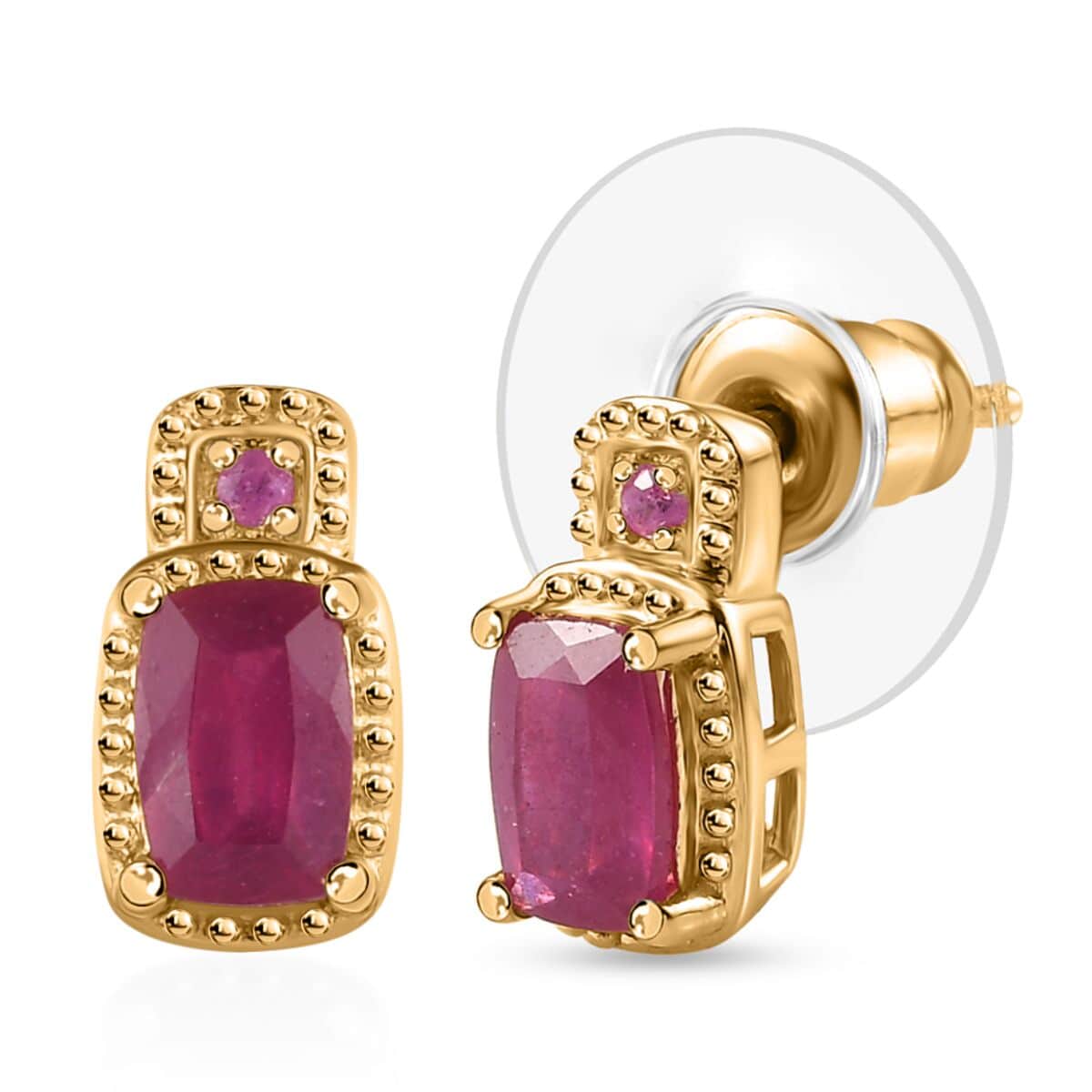 Niassa Ruby (FF) and Pink Sapphire Stud Earrings, Ring (Size 8.0), Pendant in Vermeil Yellow Gold Over Sterling Silver with ION Plated YG Stainless Steel Necklace 20 Inches 4.30 ctw image number 7