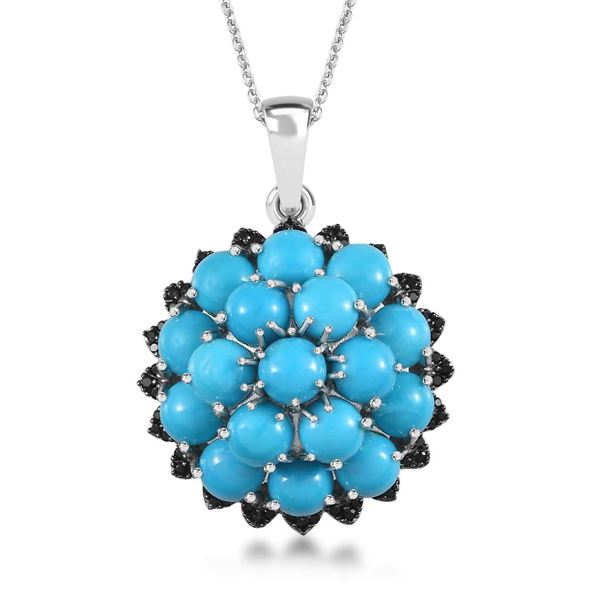 Premium Sleeping Beauty Turquoise and Thai Black Spinel Cluster Pendant Necklace 20 Inches in Platinum Over Sterling Silver 8.85 ctw image number 0