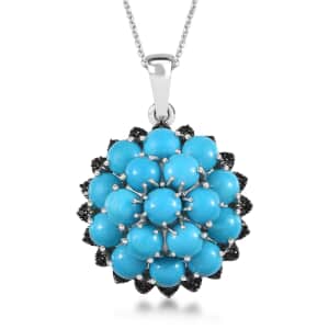 Premium Sleeping Beauty Turquoise and Thai Black Spinel Cluster Pendant Necklace 20 Inches in Platinum Over Sterling Silver 8.85 ctw
