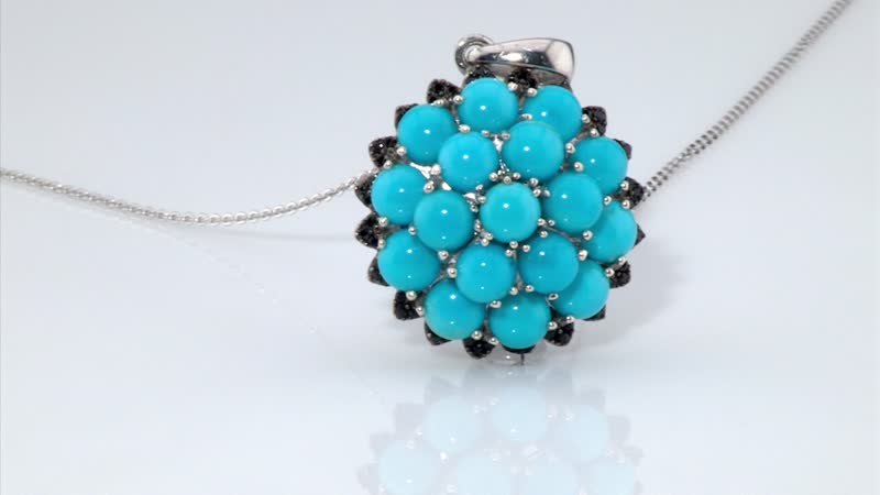 Premium Sleeping Beauty Turquoise and Thai Black Spinel Cluster Pendant Necklace 20 Inches in Platinum Over Sterling Silver 8.85 ctw