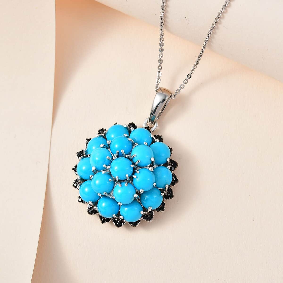 Premium Sleeping Beauty Turquoise and Thai Black Spinel Cluster Pendant Necklace 20 Inches in Platinum Over Sterling Silver 8.85 ctw image number 1