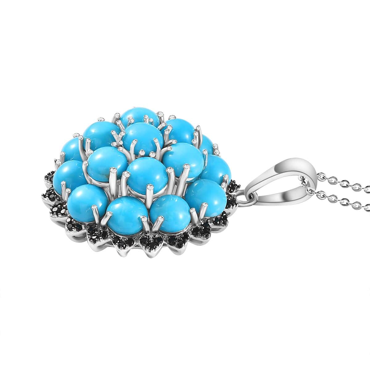 Premium Sleeping Beauty Turquoise and Thai Black Spinel Cluster Pendant Necklace 20 Inches in Platinum Over Sterling Silver 8.85 ctw image number 3