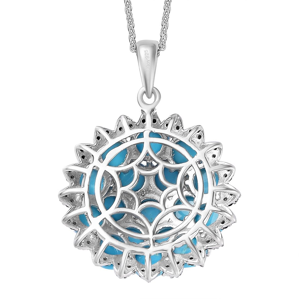 Premium Sleeping Beauty Turquoise and Thai Black Spinel Cluster Pendant Necklace 20 Inches in Platinum Over Sterling Silver 8.85 ctw