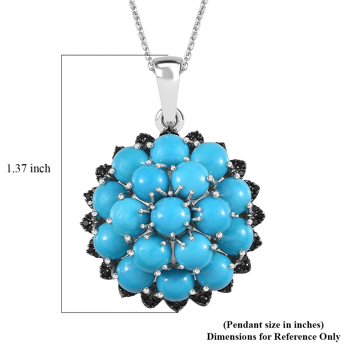 Premium Sleeping Beauty Turquoise and Thai Black Spinel Cluster Pendant Necklace 20 Inches in Platinum Over Sterling Silver 8.85 ctw