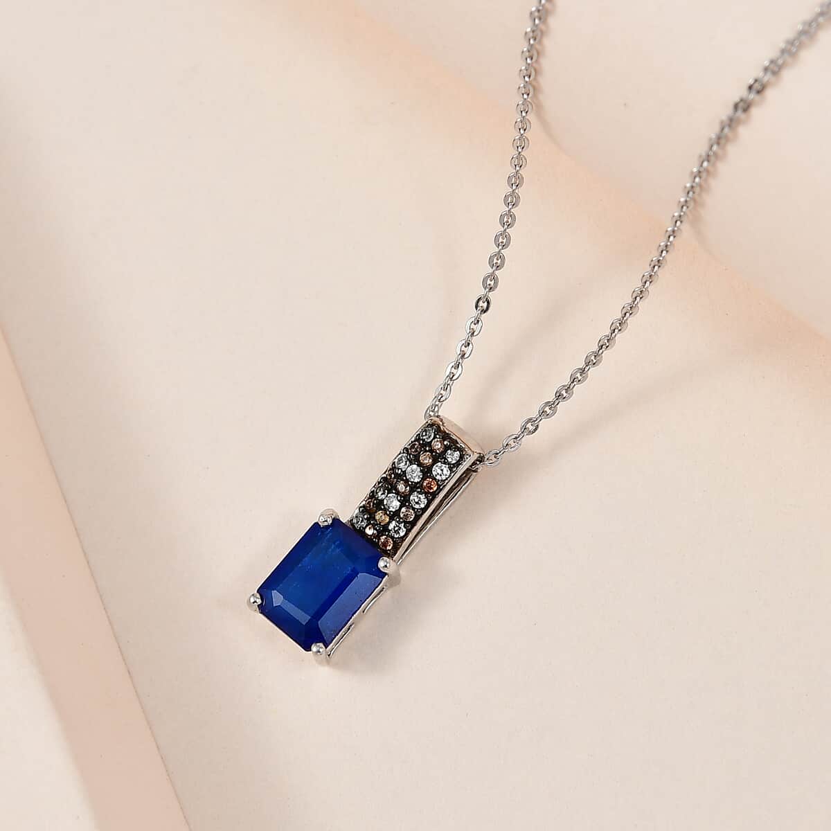 Tanzanian Blue Spinel (DF), White and Champagne Zircon Pendant Necklace 20 Inches in Platinum Over Sterling Silver 2.35 ctw image number 1