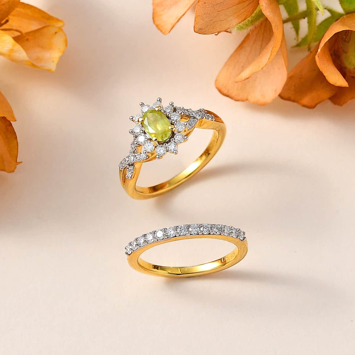 Premium Sava Sphene and Moissanite Set of 2 Stackable Ring in Vermeil Yellow Gold Over Sterling Silver (Size 5.0) 1.10 ctw image number 1