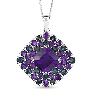 D'Joy African Amethyst and London Blue Topaz 21.25 ctw 4.40 ctw Double Halo Pendant Necklace in Platinum Over Sterling Silver 20 Inches