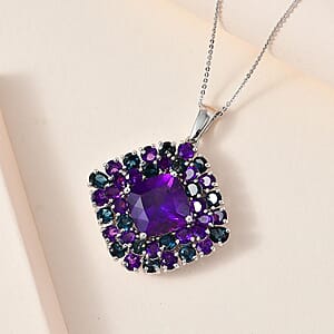 D'Joy African Amethyst and London Blue Topaz 21.25 ctw 4.40 ctw Double Halo Pendant Necklace in Platinum Over Sterling Silver 20 Inches