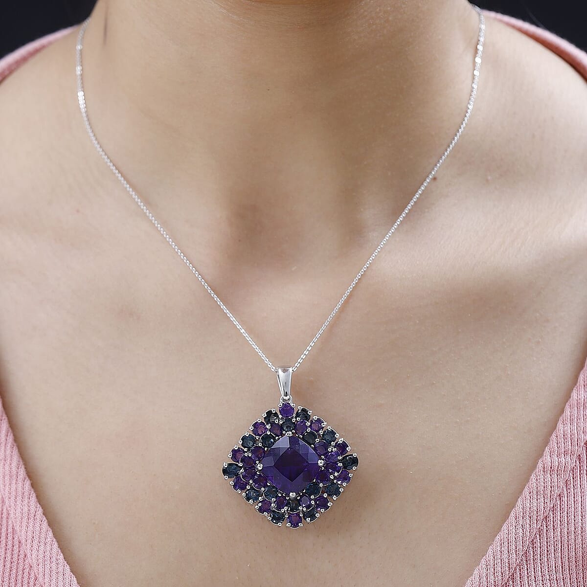 D'Joy African Amethyst and London Blue Topaz 21.25 ctw 4.40 ctw Double Halo Pendant Necklace in Platinum Over Sterling Silver 20 Inches image number 2
