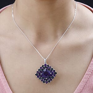 D'Joy African Amethyst and London Blue Topaz 21.25 ctw 4.40 ctw Double Halo Pendant Necklace in Platinum Over Sterling Silver 20 Inches