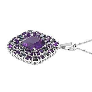 D'Joy African Amethyst and London Blue Topaz 21.25 ctw 4.40 ctw Double Halo Pendant Necklace in Platinum Over Sterling Silver 20 Inches