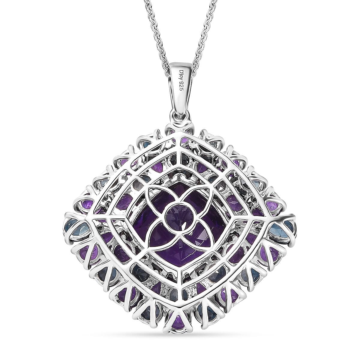D'Joy African Amethyst and London Blue Topaz 21.25 ctw 4.40 ctw Double Halo Pendant Necklace in Platinum Over Sterling Silver 20 Inches