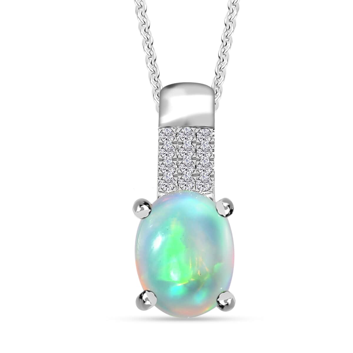 Ethiopian Welo Opal and Diamond Pendant Necklace 20 Inches in Platinum Over Sterling Silver 1.25 ctw image number 0