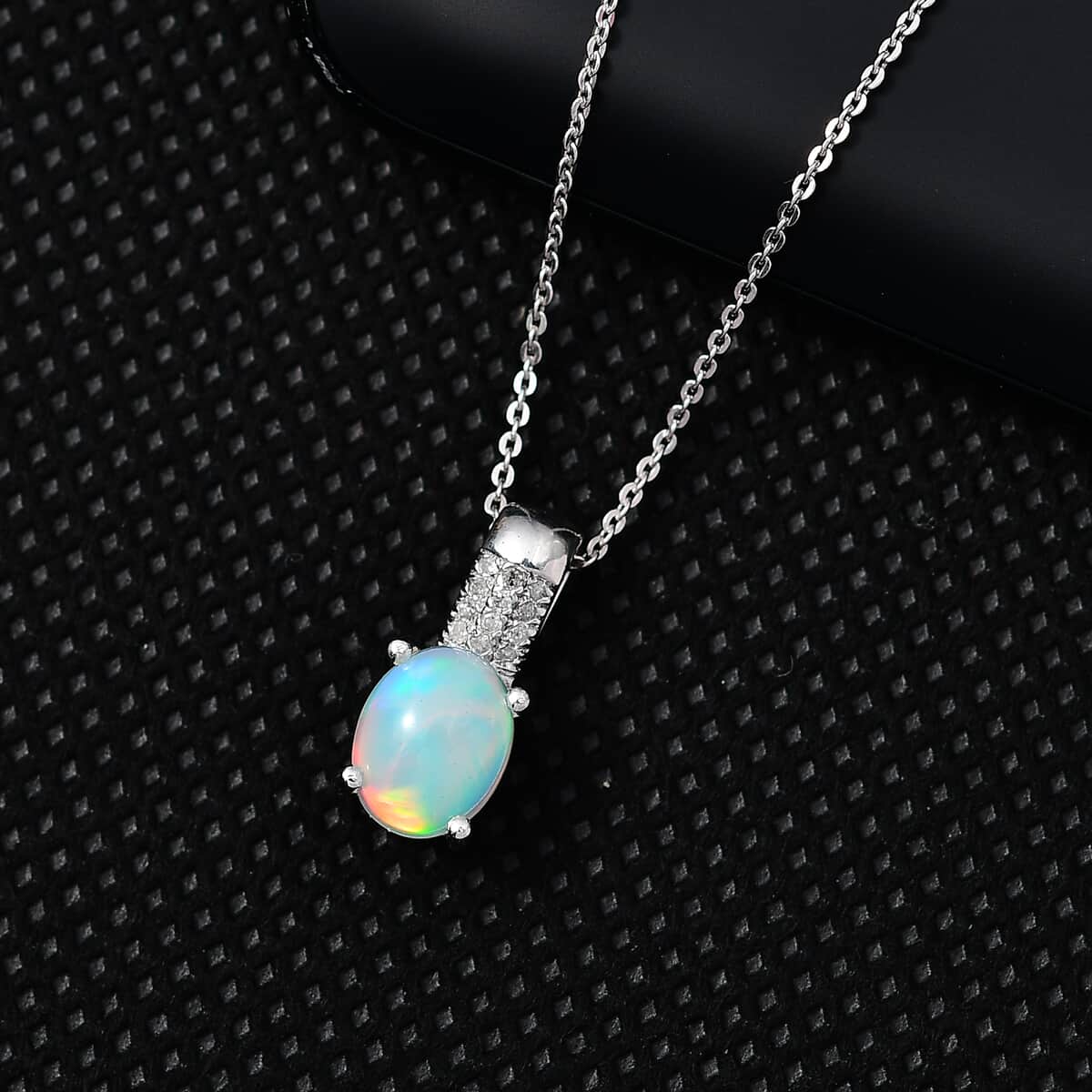 Ethiopian Welo Opal and Diamond Pendant Necklace 20 Inches in Platinum Over Sterling Silver 1.25 ctw image number 1