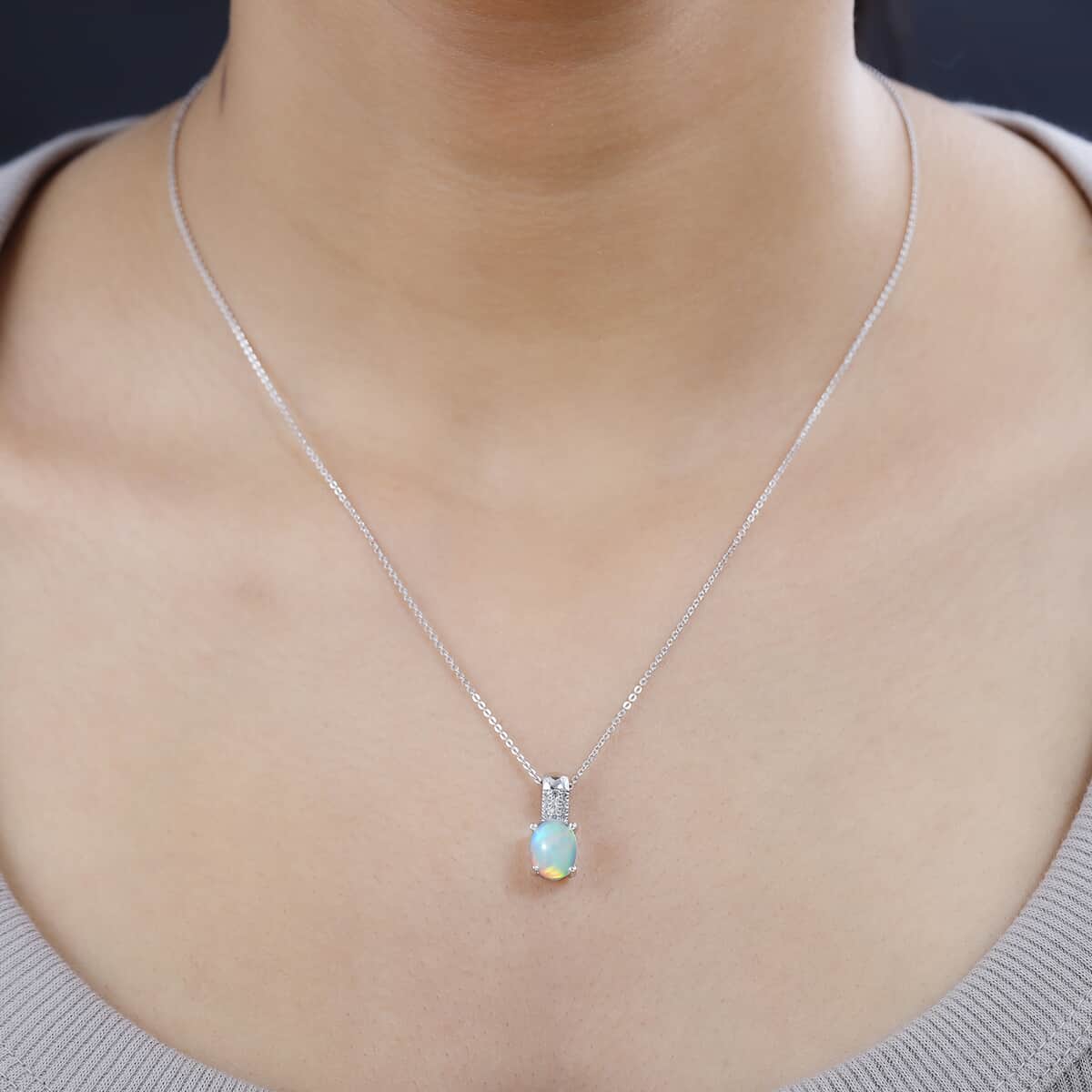 Ethiopian Welo Opal and Diamond Pendant Necklace 20 Inches in Platinum Over Sterling Silver 1.25 ctw image number 2