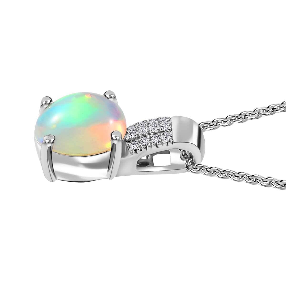 Ethiopian Welo Opal and Diamond Pendant Necklace 20 Inches in Platinum Over Sterling Silver 1.25 ctw image number 3