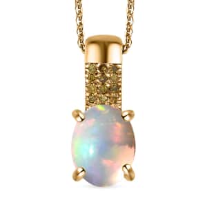 Ethiopian Welo Opal and Yellow Diamond Pendant Necklace 20 Inches in Vermeil Yellow Gold Over Sterling Silver 1.25 ctw