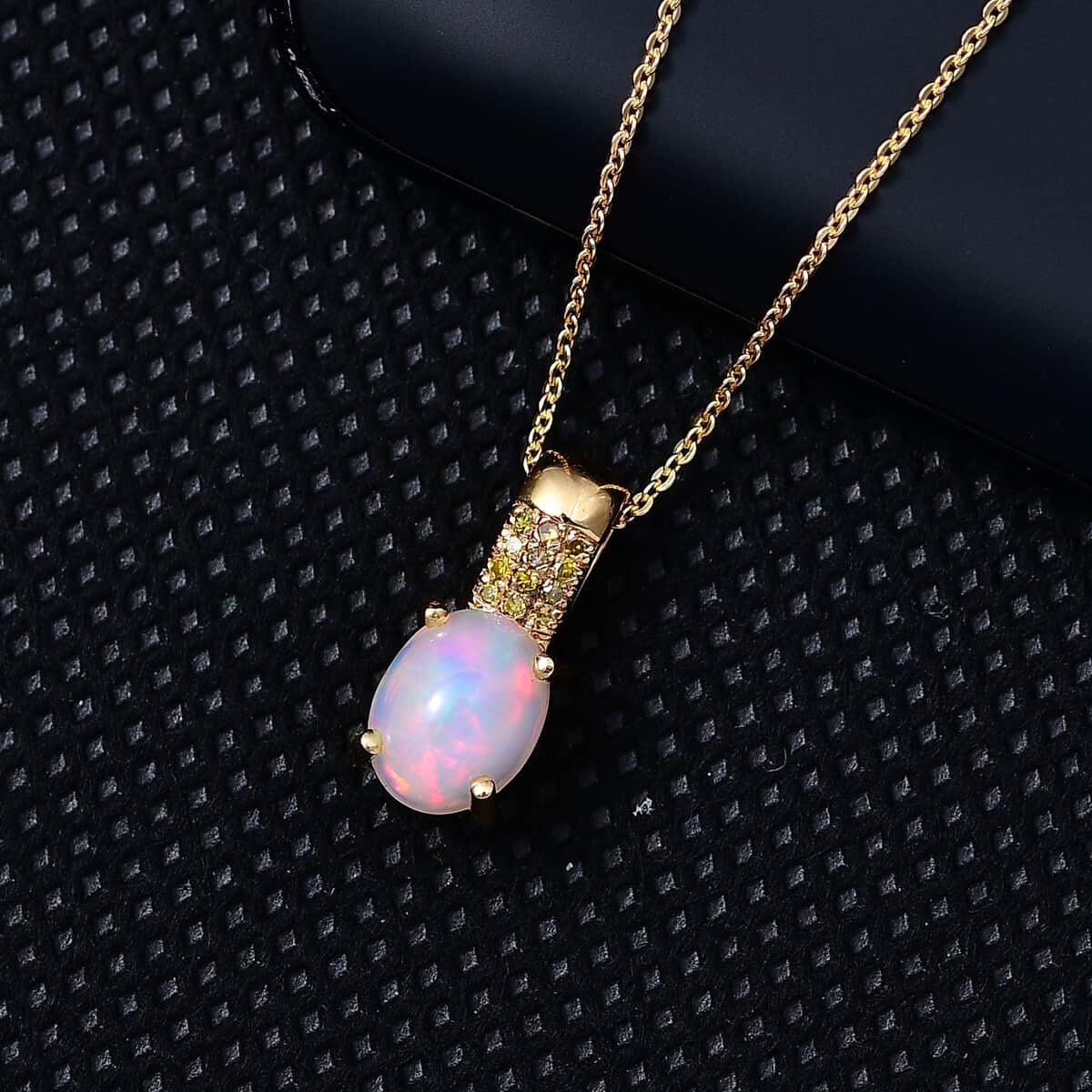 Ethiopian Welo Opal and Yellow Diamond Pendant Necklace 20 Inches in Vermeil Yellow Gold Over Sterling Silver 1.25 ctw image number 1