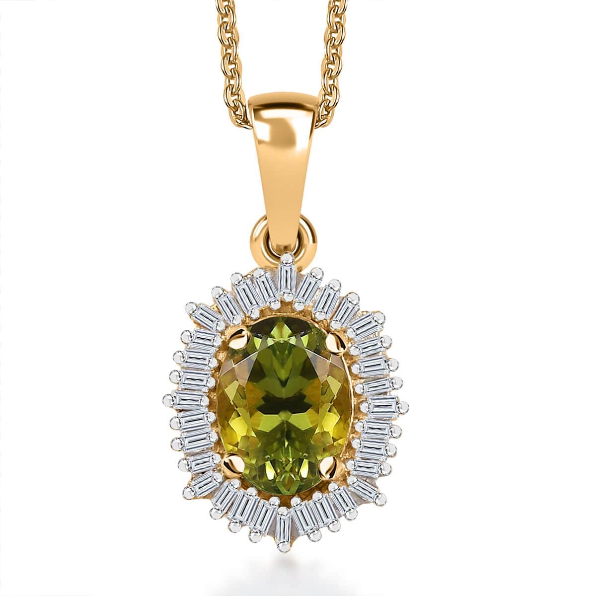 AAA Natural Calabar Green Tourmaline and Diamond Halo Pendant Necklace 20 Inches in Vermeil Yellow Gold Over Sterling Silver 1.15 ctw image number 0